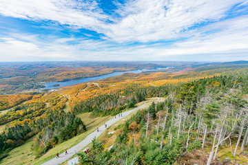 Aerial view of Mont-Tremblant National Park with Lake Tremblant in fall color