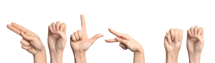 Woman showing phrase Help Me on white background. Sign language