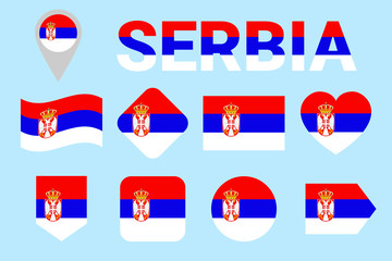 Serbia flag vector set. Serbian natioanl symbols collection. Geometric shapes. Flat style. sports, national, travel, geographic, patriotic, design elements. isolated icons with state name.