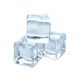 Crystal clear ice cubes on white background