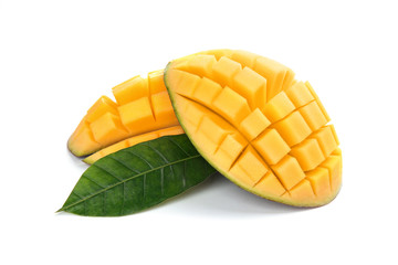 Cut ripe mango on white background. Tropical fruit