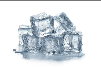 Pile of crystal clear ice cubes on white background