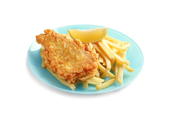 Plate with British Traditional Fish and potato chips on white background