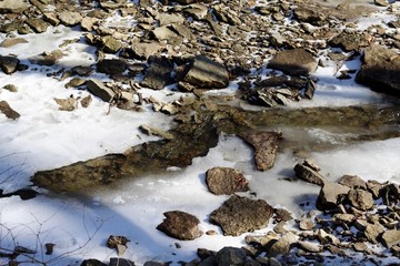 The ice and the frozen water of the creek on a close view. 