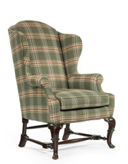 old antique wing arm chair upholstered  green  isolated on white