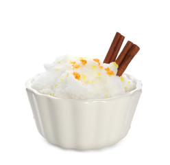 Snow ice cream with sprinkles and cinnamon in bowl on white background