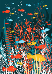 underwater world, algae, corals and swimming fishes. Vector illustration, design element for fabric, wrapping paper, cards, banners, flyers, and another