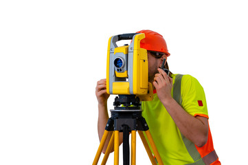 Working surveyor engineer in helmet with transmitter and his equipment isolated on white background