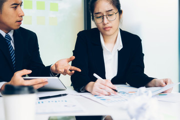 Business teamwork blaming partner and serious discussion.