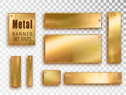 Metal gold banners set realistic. Vector Metal brushed plates with a place for inscriptions isolated on transparent background. Realistic 3D design. Stainless steel background.