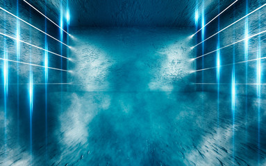 Background of empty room, concrete floor and walls, tiles. White laser lines, neon light, smoke