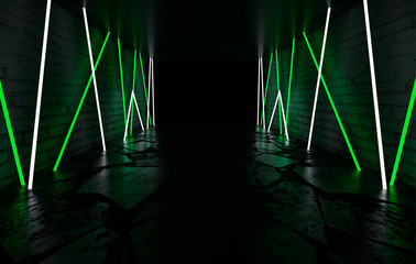 Fototapety  Background of empty room, concrete floor and walls, tiles. Multicolored laser lines, neon light, smoke