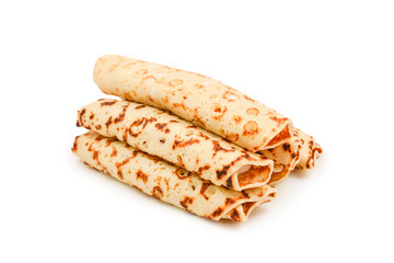 Pancakes with curd isolated on white background.