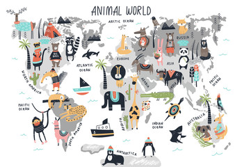 Animal World Map - cute cartoon hand drawn nursery print in scandinavian style. Vector illustration - obrazy, fototapety, plakaty