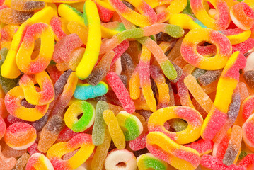 Assorted gummy candies. Top view. Jelly  sweets.