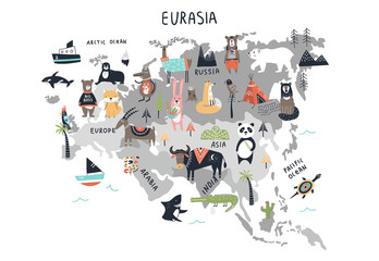 Animal World Map - mainland Eurasia. Cute cartoon hand drawn nursery print in scandinavian style. Vector illustration © Oksana Stepova