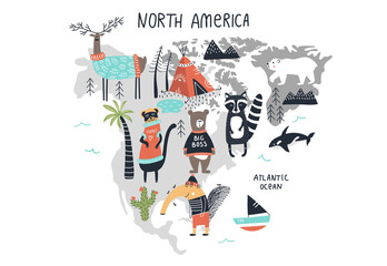 Animal World Map - mainland North America. Cute hand drawn nursery print in scandinavian style. Vector illustration