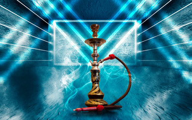Hookah with smoke on the background of a concrete pavement with blue laser beams, neon light, smoke