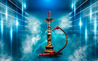 Hookah with smoke on the background of a concrete pavement with blue laser beams, neon light, smoke