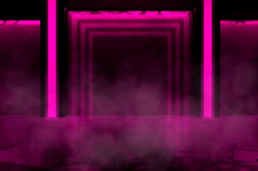 Background of empty room with concrete walls and floor, pink neon light, smoke
