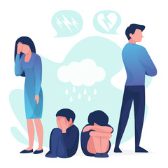 Family quarrel. Unhappy couple. Conflict in relations, disagreements. A man and a woman are angry with each other. Vector illustration in a flat style