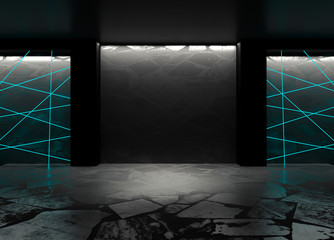 Background of empty room, concrete floor and walls, tiles. Multicolored laser lines, neon light, smoke