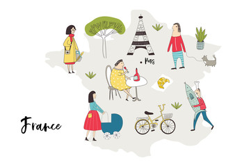 Illustrated Map of France with cute and fun hand drawn characters, plants and elements. Color vector illustration