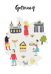 Illustrierte Deutschlandkarte mit niedlichen und lustigen handgezeichneten Charakteren, Pflanzen und Elementen. Farbvektorabbildung © Oksana Stepova