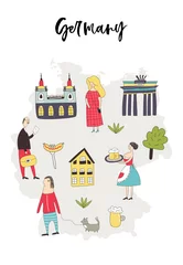 Illustrierte Deutschlandkarte mit niedlichen und lustigen handgezeichneten Charakteren, Pflanzen und Elementen. Farbvektorabbildung © Oksana Stepova