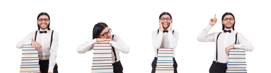 Funny student with books isolated on white