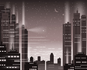 Cityscape metropolis night lights of a big city, illuminated neon, skyscrapers, downtown, skyline, silhouettes of buildings. Vector, illustration, isolated, background, template, banner
