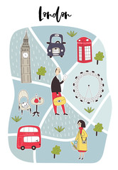 Illustrated Map of London with cute and fun hand drawn characters, plants and elements. Color vector illustration - 248716837