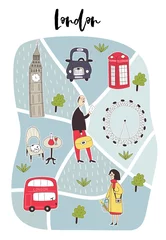 Illustrierte Karte von London mit niedlichen und lustigen handgezeichneten Charakteren, Pflanzen und Elementen. Farbvektorabbildung © Oksana Stepova