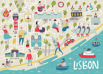 Illustrated Map of Lisbon with cute and fun hand drawn characters, local plants and elements. Color vector illustration - 248716869