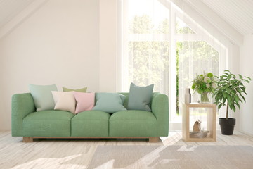 Fototapeta premium White stylish minimalist room in hight resolution with colorful sofa and summer landscape in window. Scandinavian interior design. 3D illustration