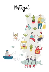 Illustrierte Karte von Portugal mit niedlichen und lustigen handgezeichneten Charakteren, Pflanzen und Elementen. Farbvektorabbildung © Oksana Stepova