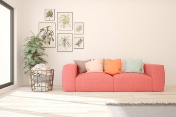 Fototapeta premium White stylish minimalist room in hight resolution with coral sofa. Scandinavian interior design. 3D illustration