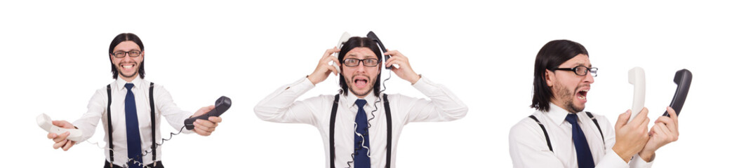 Businessman is speaking on the phone isolated on white