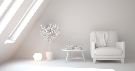 Stylish minimalist room in hight resolution with armchair in white color. Scandinavian interior design. 3D illustration