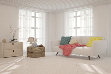 White stylish minimalist room in hight resoltion with sofa. Scandinavian interior design. 3D illustration