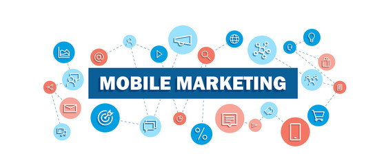 MOBILE MARKETING blue and coral typography banner with network of icons