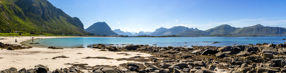 Ramberg beach and mountains on Flakstadoya island in Lofoten in Norway