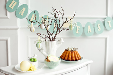 Table decoration with champagne for a festive easter dinner.