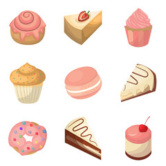 Cakes vector illustration. Dessert vector drawing. Set of nine vector cakes