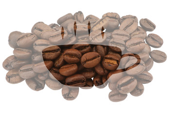 Symbolic coffee cup cut out from a picture of coffee beans against a light background