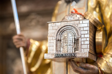 Foligno - February 09, 2016: Statue and relics of Saint Maron.