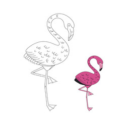 drawing worksheet for preschool kids with easy gaming level of difficulty. Simple educational game for children. Illustration of flamingo for toddlers