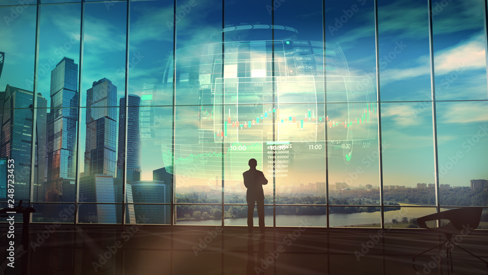 Poster silhouette of a trader in the office before infographics