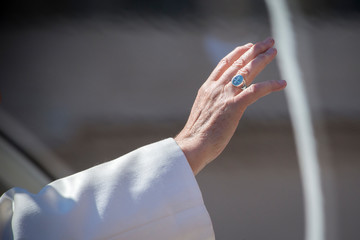 Vatican City, April 19, 2017: Pope Francis blesses the crowd at the end of his weekly general...