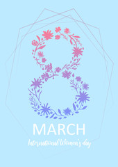 Tender blue greeting card for 8 March, happy womens day, with floral silhouette. Rectangular frame with lovely flowers and polygons for spring holidays banners and postcards design